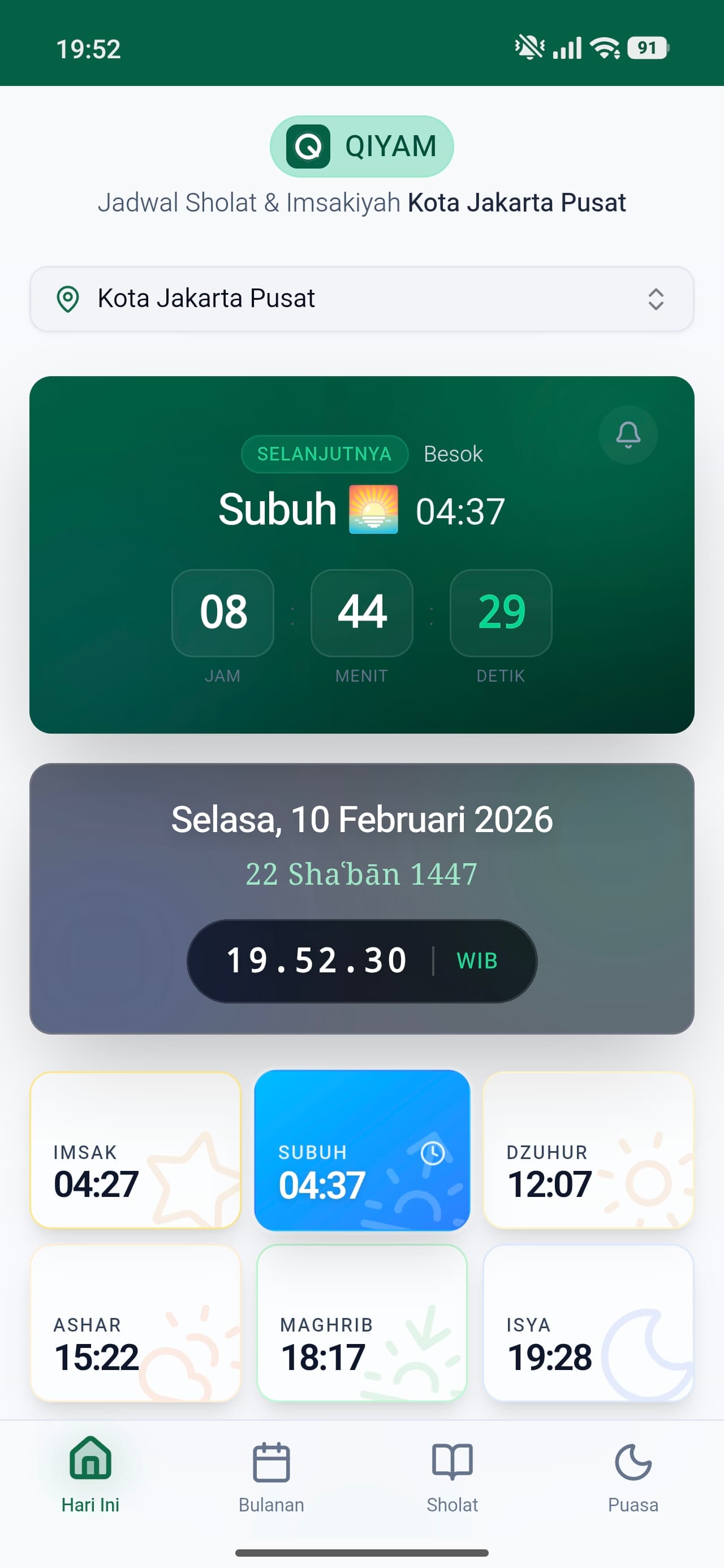 Tampilan Aplikasi Jadwal Sholat - Qiyam